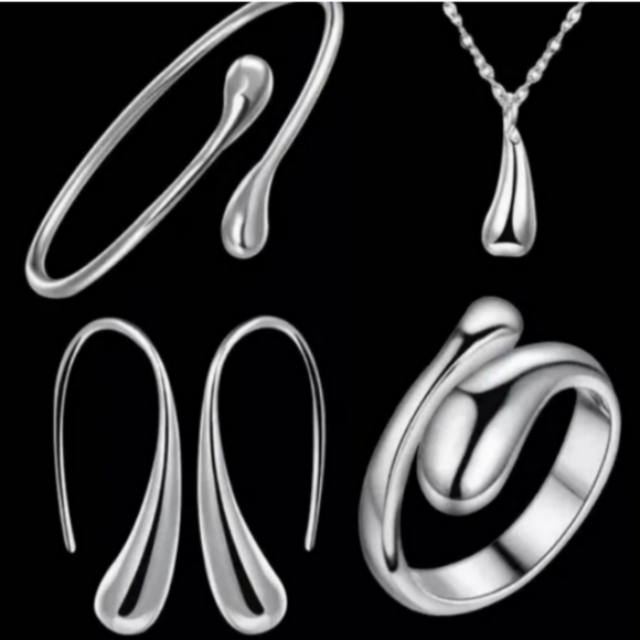 925 Sterling Silver Waterdrop Jewelry Set Bracelet Necklace Earrings and Ring - Picture 6 of 16